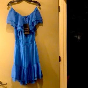 Designer remix off the shoulder blue chiffon dress.  Tags still on.